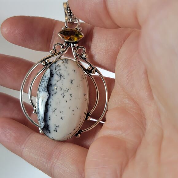 Dendritic Opal Pendant – With Citrine Accent + 20" Sterling Silver Snake Chain - Picture 3 of 10